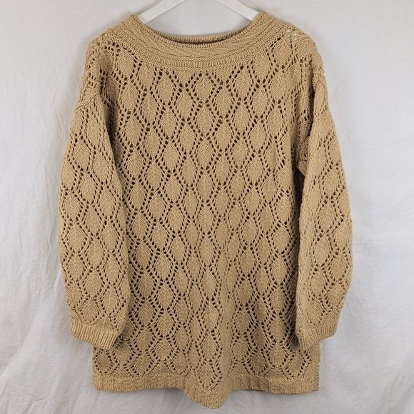 VINTAGE 90s Crochet Knit Tan Sweater Size M - Picture 1 of 4